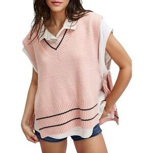FREE PEOPLE ONE SIZE PINK SWEATER VEST PONCHO OPEN SIDES WITH TASSLE TIES